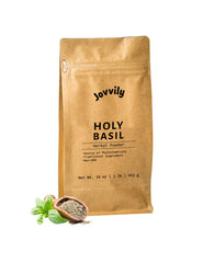 Jovvily Holy Basil powder bottle ideal for daily Tulsi ritual.