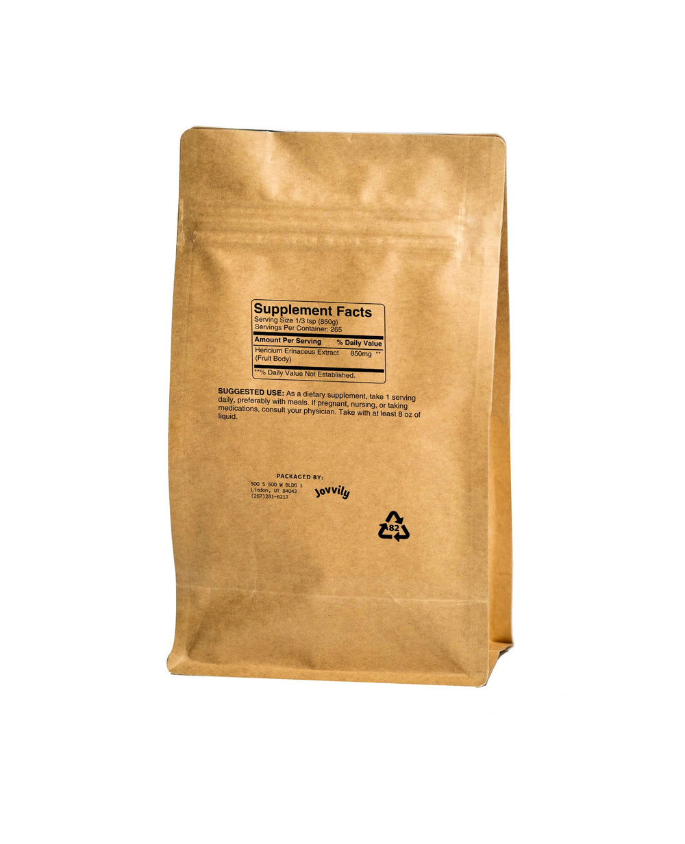 Close-up of the Jovvily Lion's Mane label highlighting natural compounds for everyday wellness.