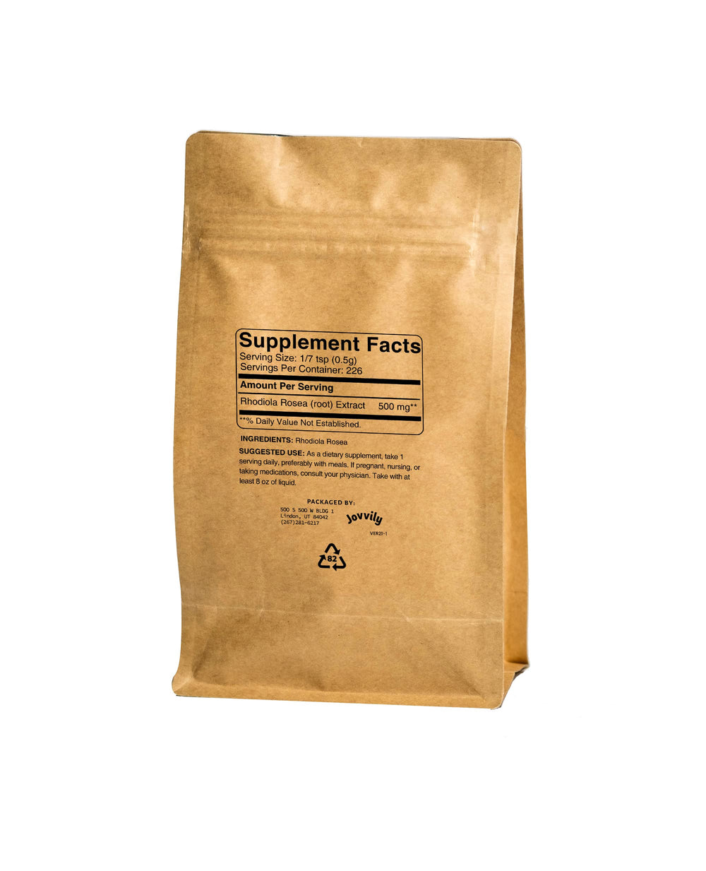 Jovvily Rhodiola Rosea powder scoop highlighting single-ingredient purity.