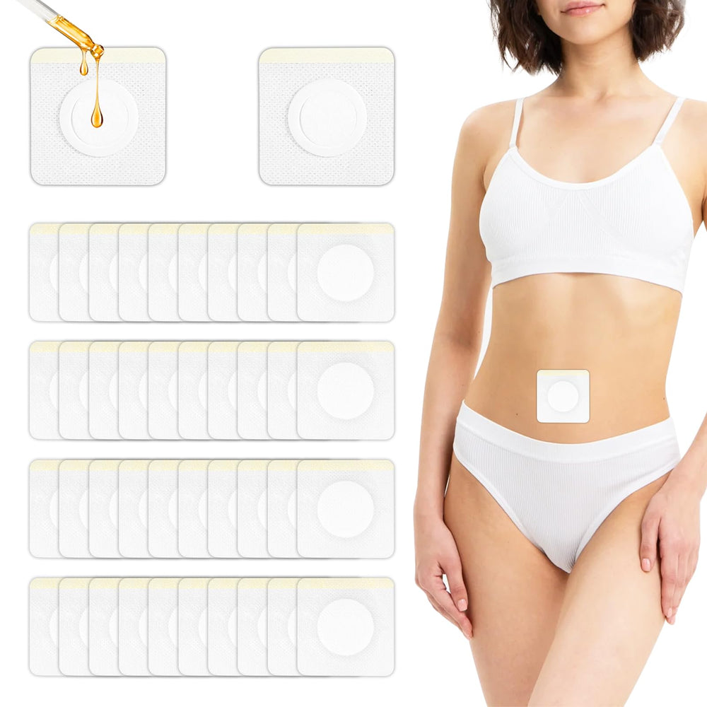 Joworthy castor oil patches belly button closeup showing secure adhesive for comfortable skin contact