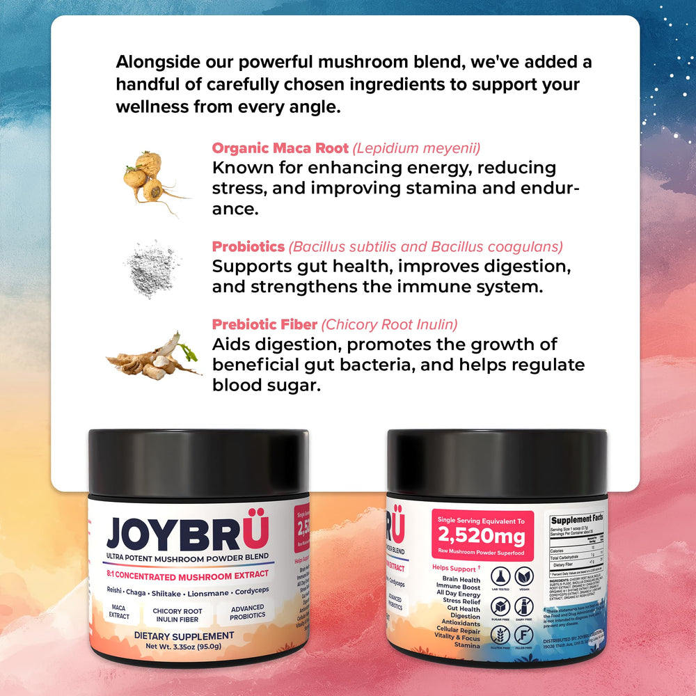 Joybru Organic Maca Probiotics Prebiotic Fiber section emphasizes wellness support.