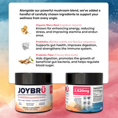 Joybru Organic Maca Probiotics Prebiotic Fiber section emphasizes wellness support.