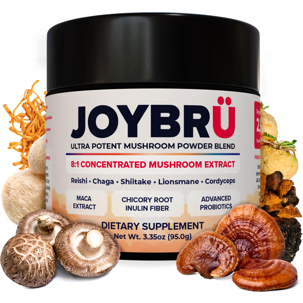 Joybru Ultra Potent Mushroom Powder Blend bottle front for a convenient daily boost.