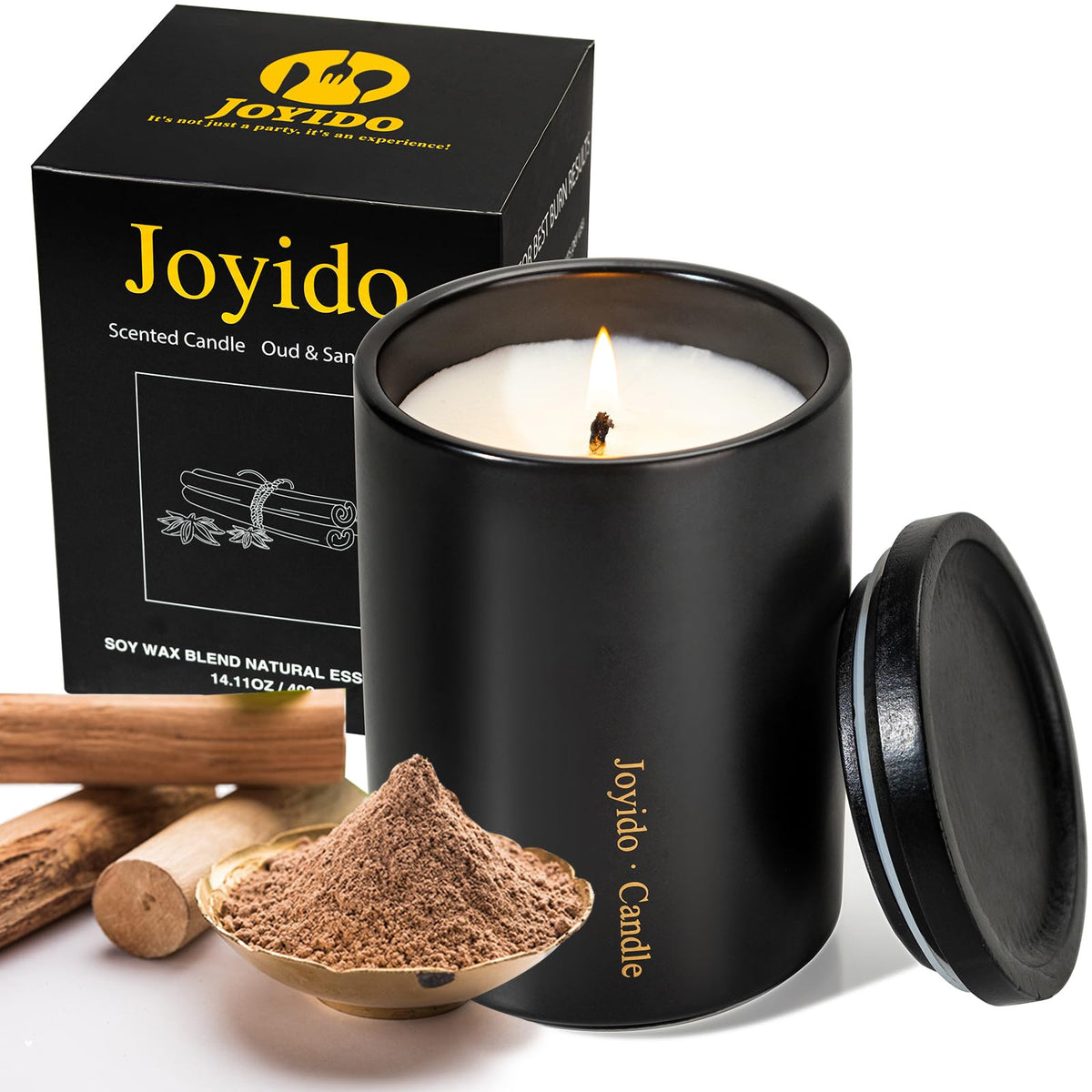 Joyido 14oz Oud & Sandalwood candle in a jar adds warm elegance to any space