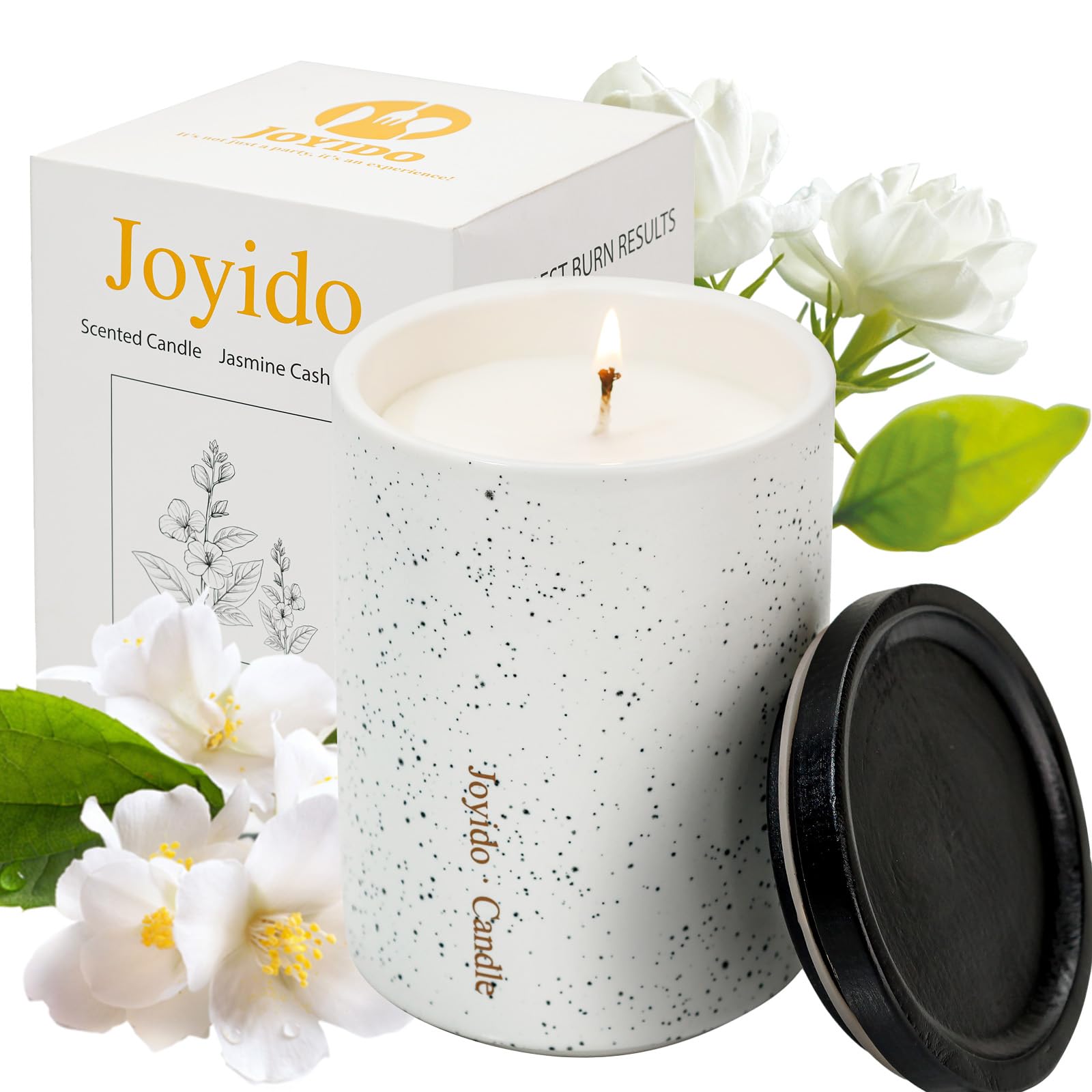 Joyido Jasmine Cashmere candle in ceramic jar close-up; calming ambience for any room.
