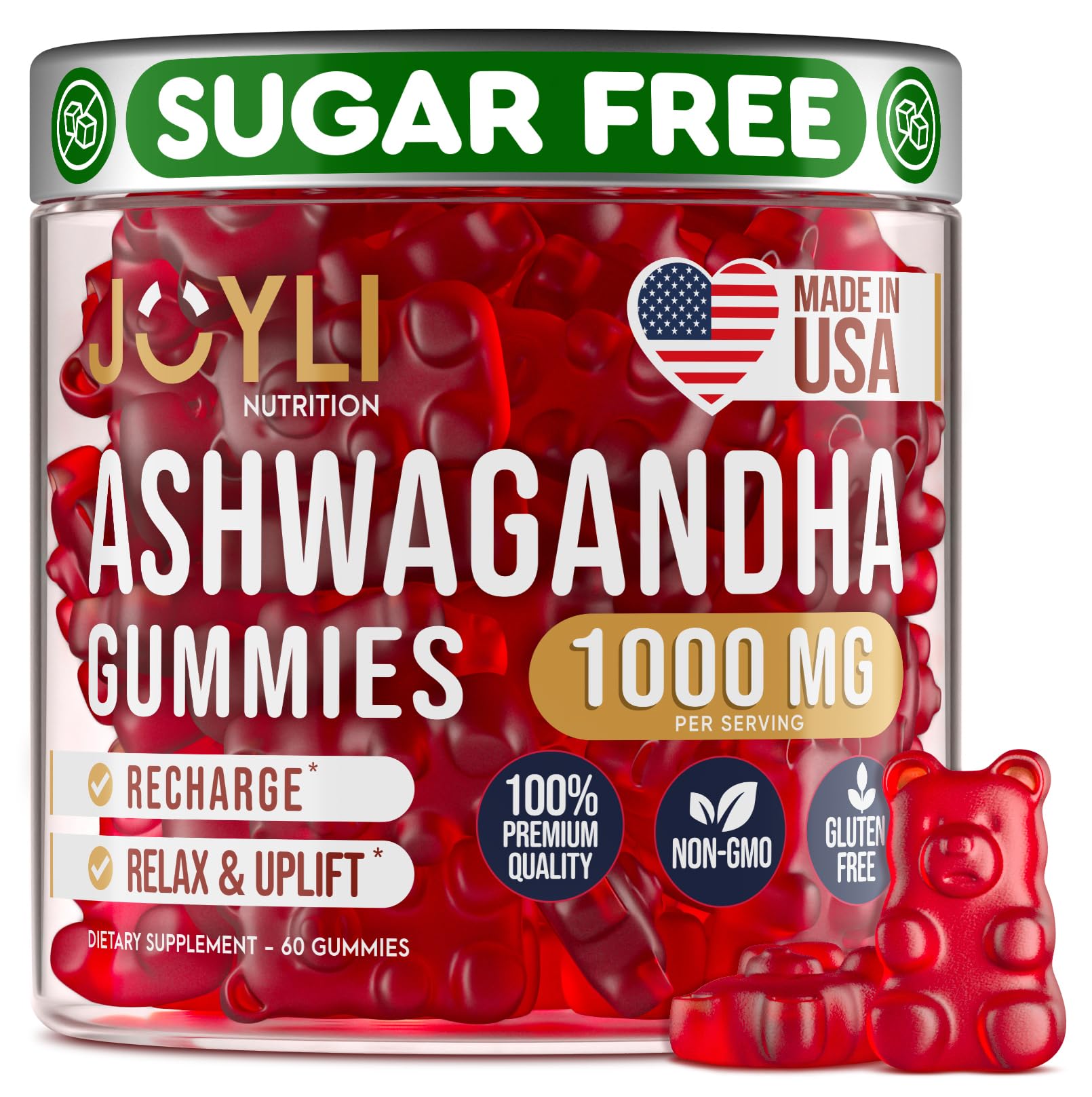 Joyli Ashwagandha Gummies bottle with 60 vegan sugar-free chews for daily calm