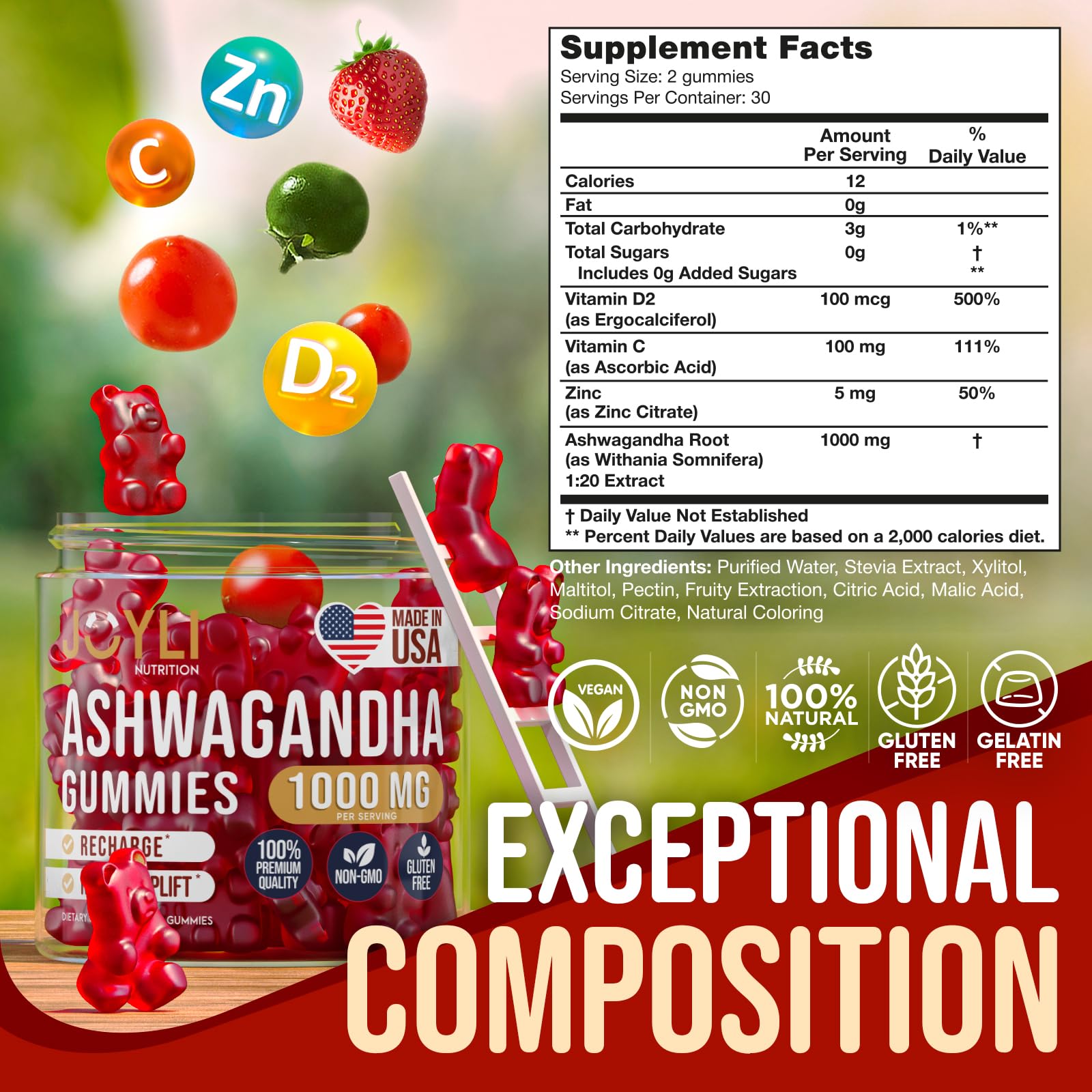 Joyli Ashwagandha Gummies bottle label highlights USA-made formula