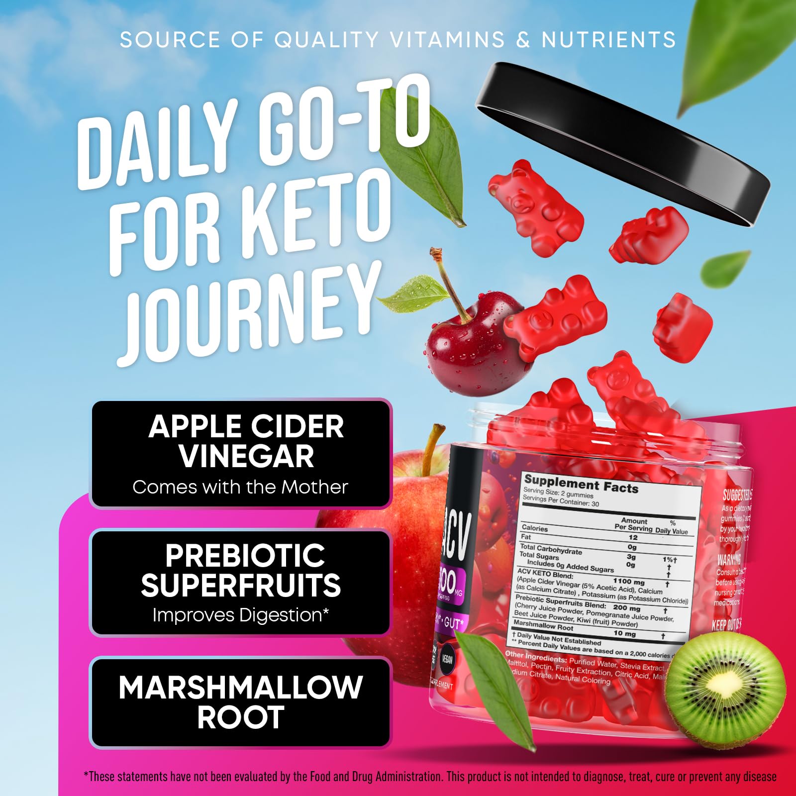 JOYLI Nutrition ACV gummies ingredients show apple cider vinegar with mother and marshmallow root.