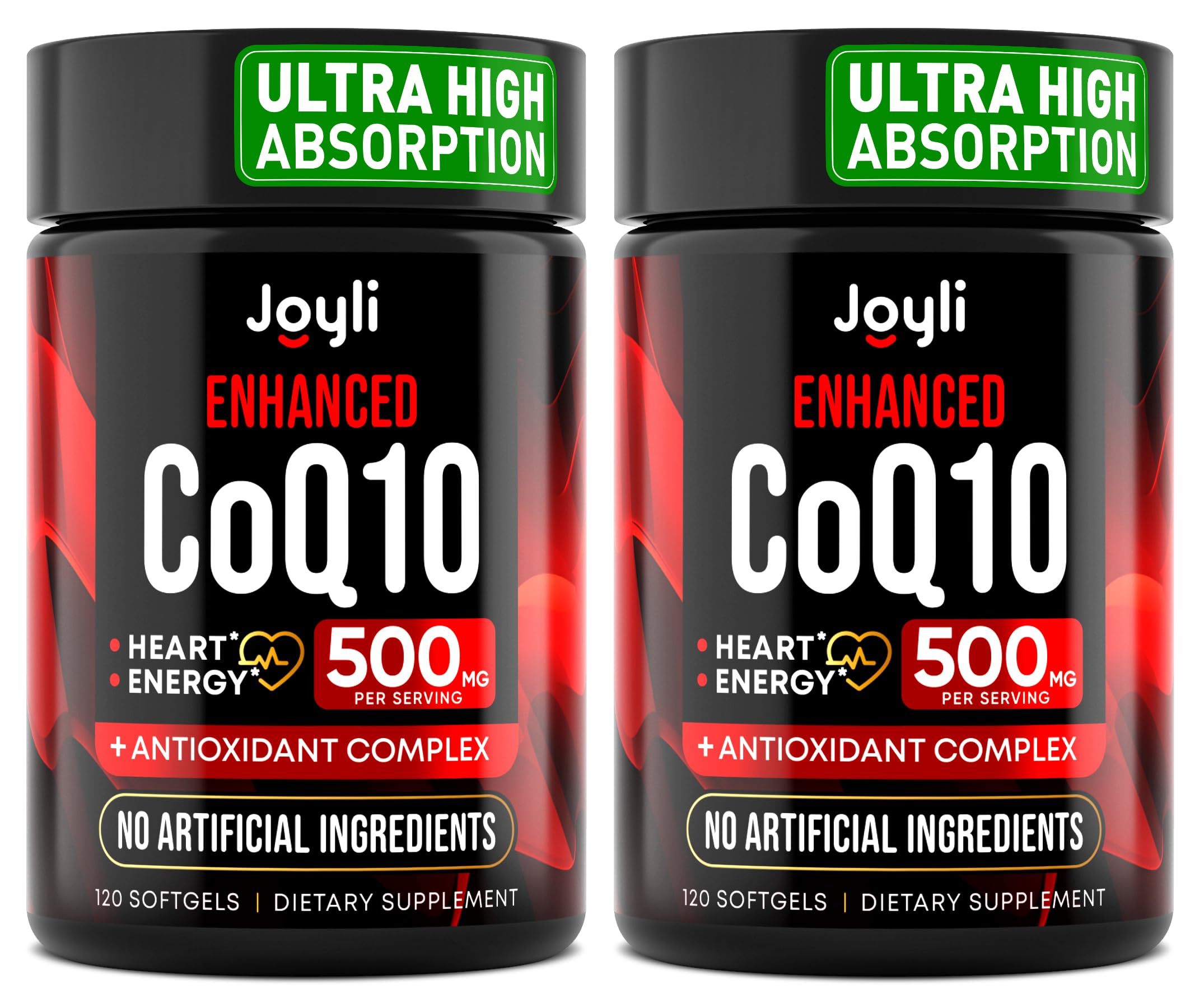 Joyli Nutrition CoQ10 500mg bottle front view highlighting double-pack value for daily energy support.