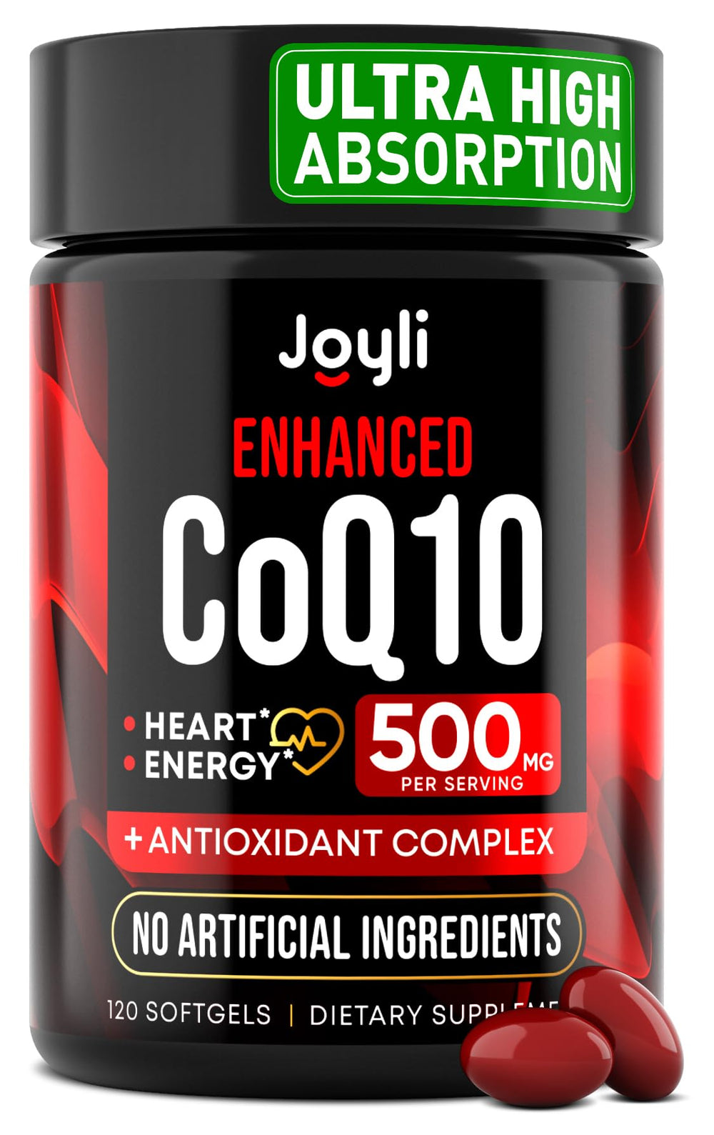 JOYLI Nutrition CoQ10 500mg bottle highlighting heart health and energy support