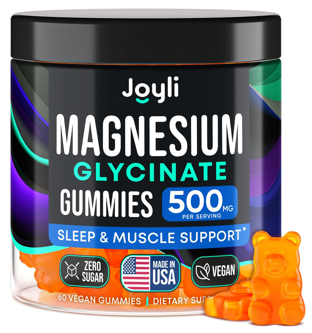 JOYLI Nutrition magnesium glycinate gummies bottle shows 500mg serving for daily support.
