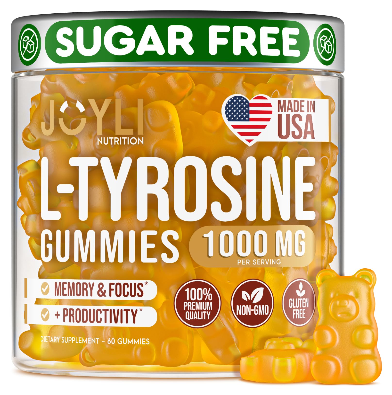 Joyli Tyrosine Gummies bottle with 1000mg per gummy for calm focus