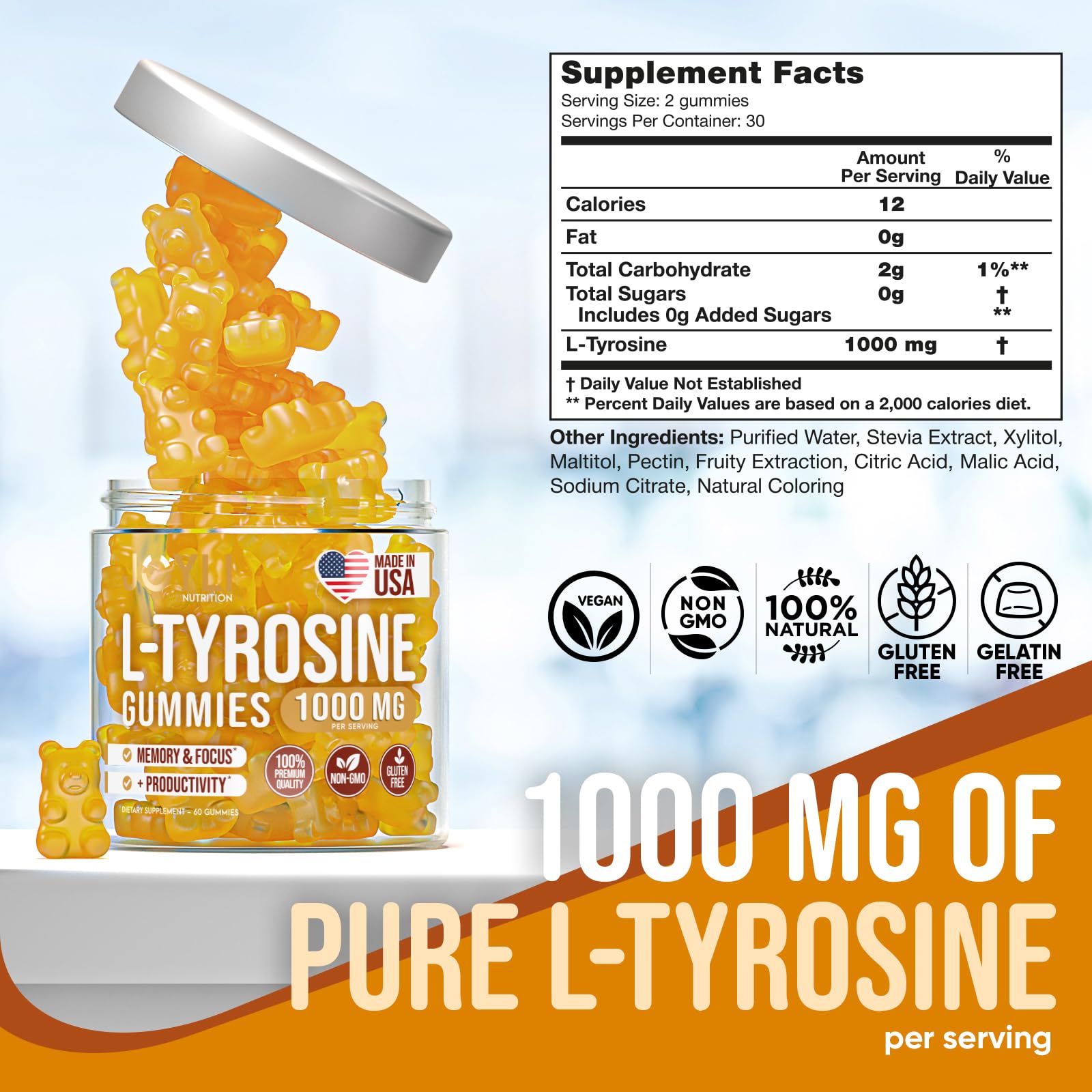 Joyli Tyrosine Gummies close-up texture showing sugar-free formula