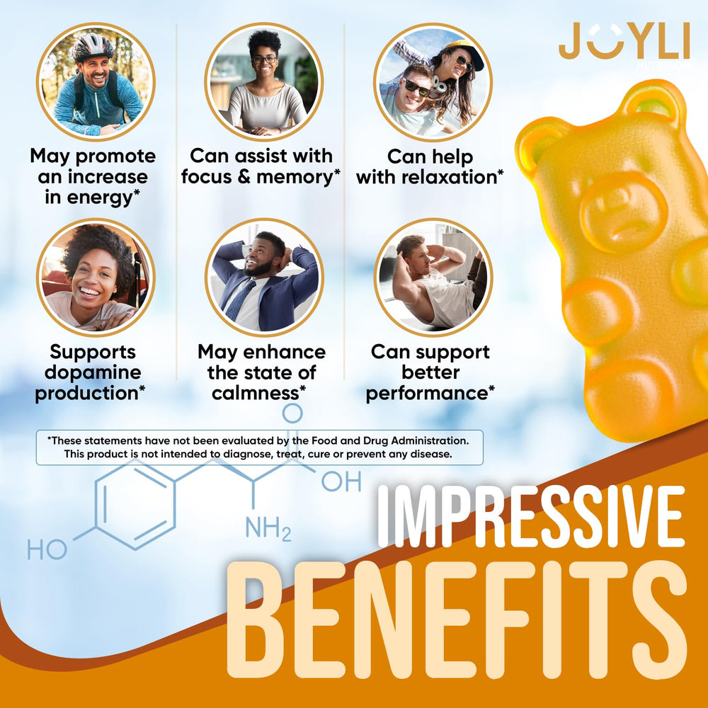 Joyli Tyrosine Gummies pouring image highlighting fruity texture for mood support