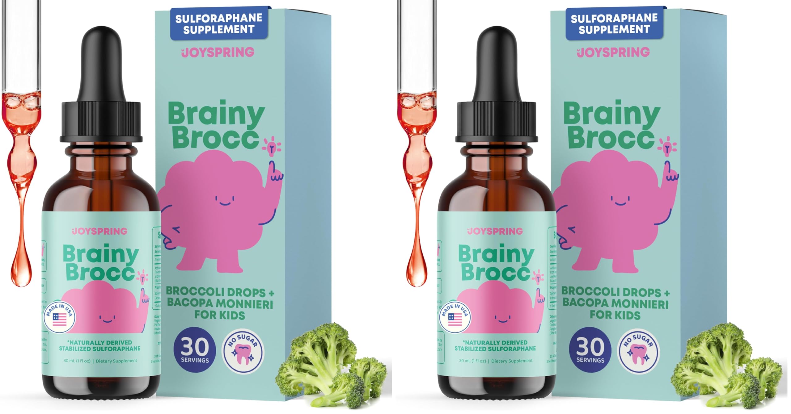JoySpring broccoli drops bottle, kid-friendly raspberry supplement for daily use.