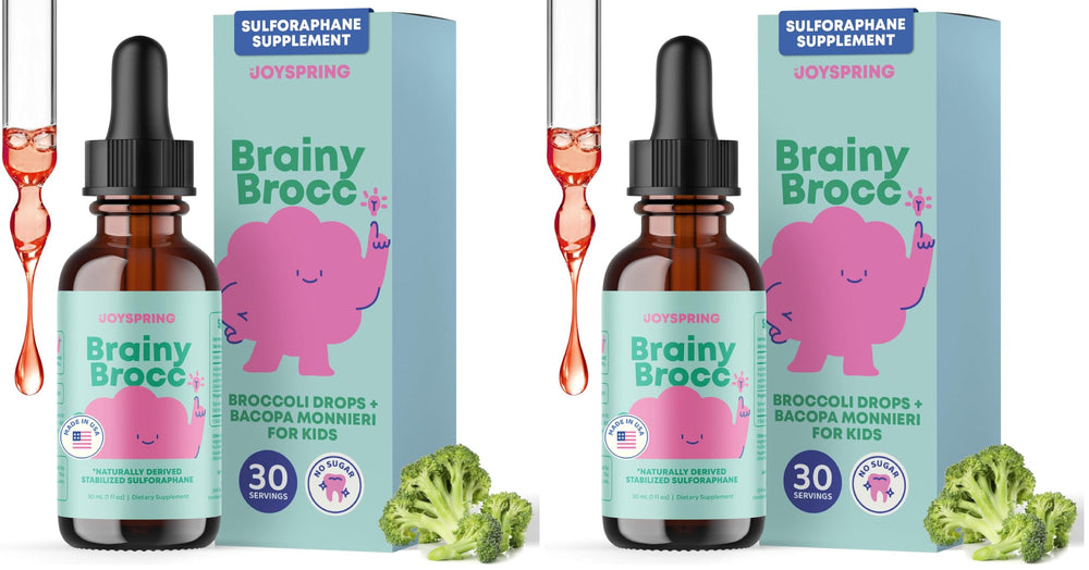 JoySpring broccoli drops bottle, kid-friendly raspberry supplement for daily use.