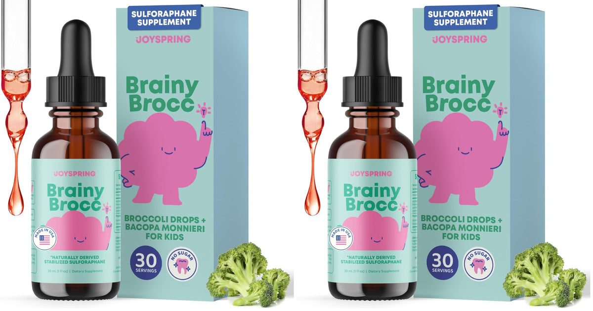 JoySpring broccoli drops bottle, kid-friendly raspberry supplement for daily use.