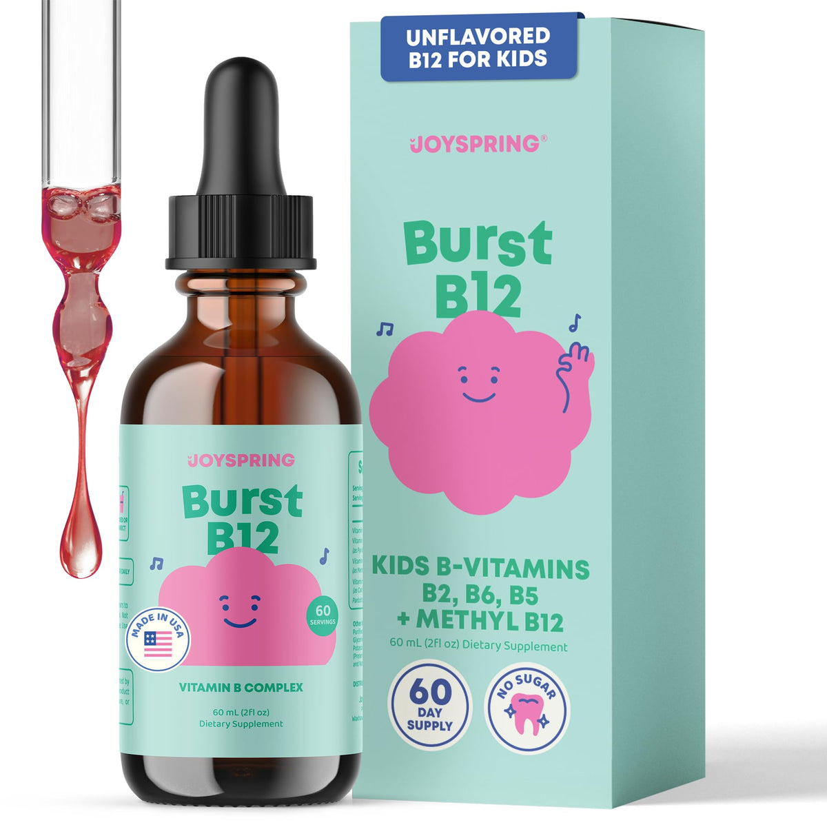JoySpring Burst B12 Drops bottle close-up showing flavorless liquid for kids