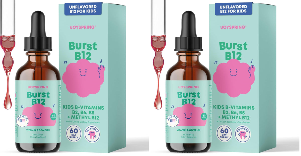 JoySpring Burst B12 Drops bottle for kid-friendly daily dosing
