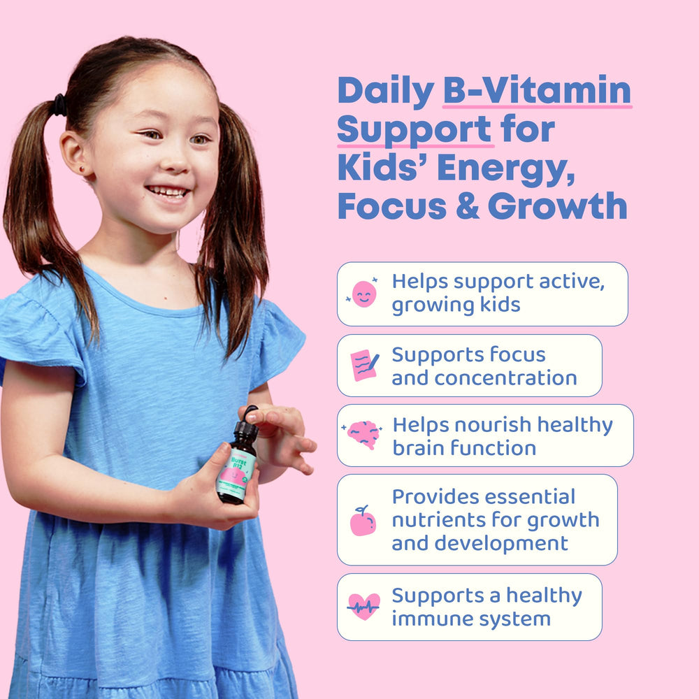 JoySpring Burst B12 Drops dropper dispensing into a glass, flavorless daily supplement for kids
