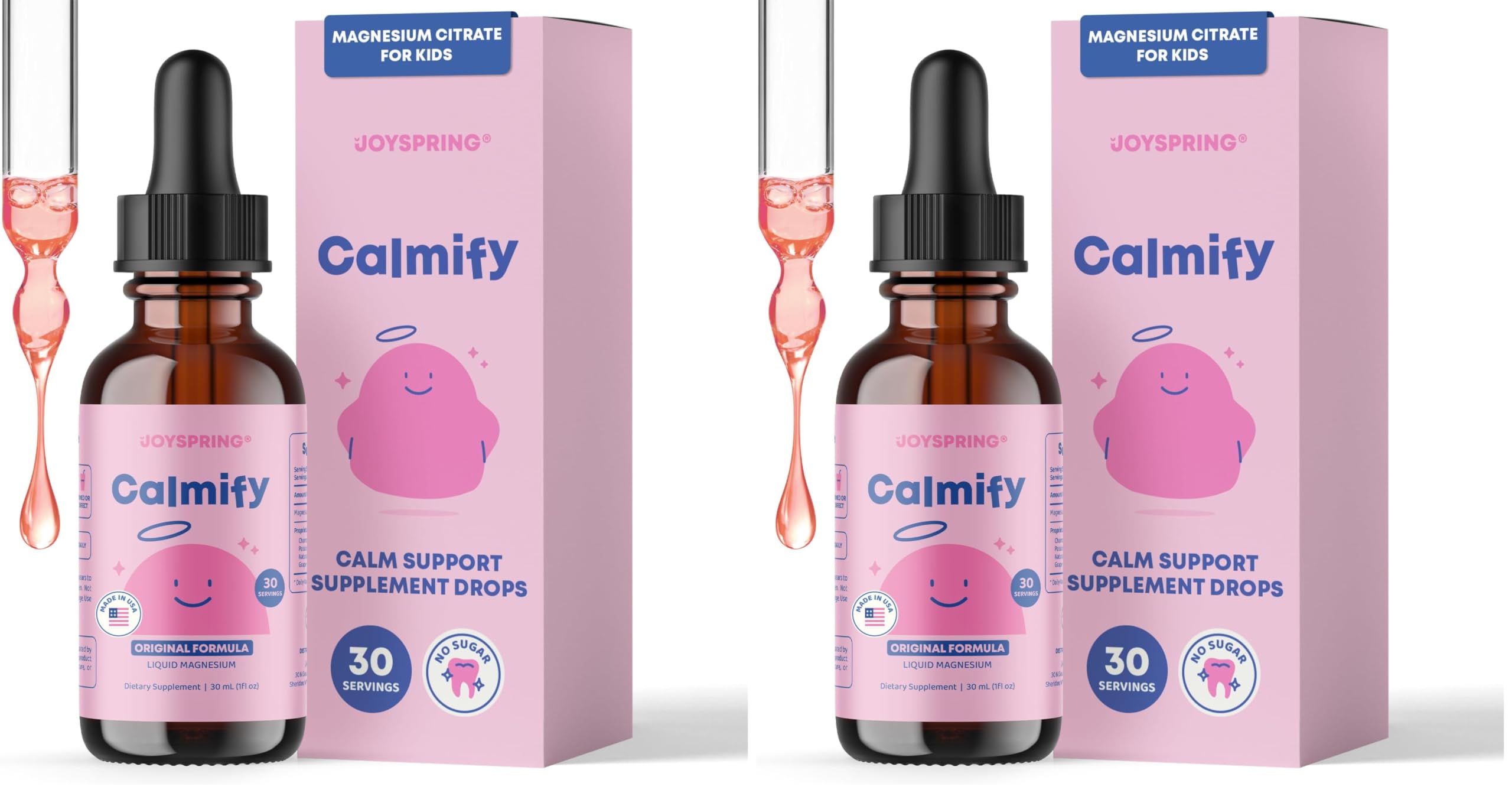 JoySpring Calmify bottle front, kid-friendly calming supplement for daily use.