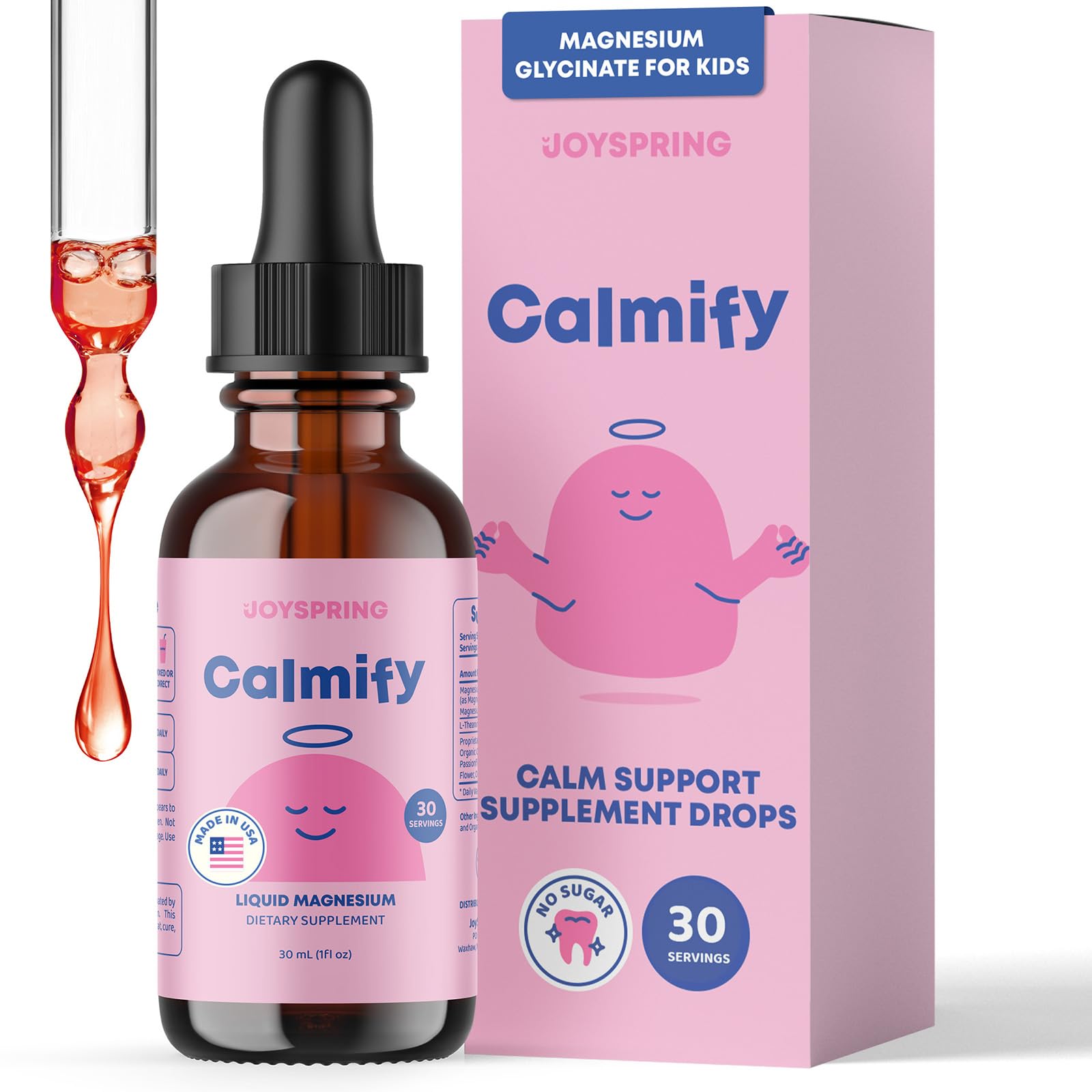 JoySpring Calmify bottle with liquid drops for gentle calm support during kids' routines.