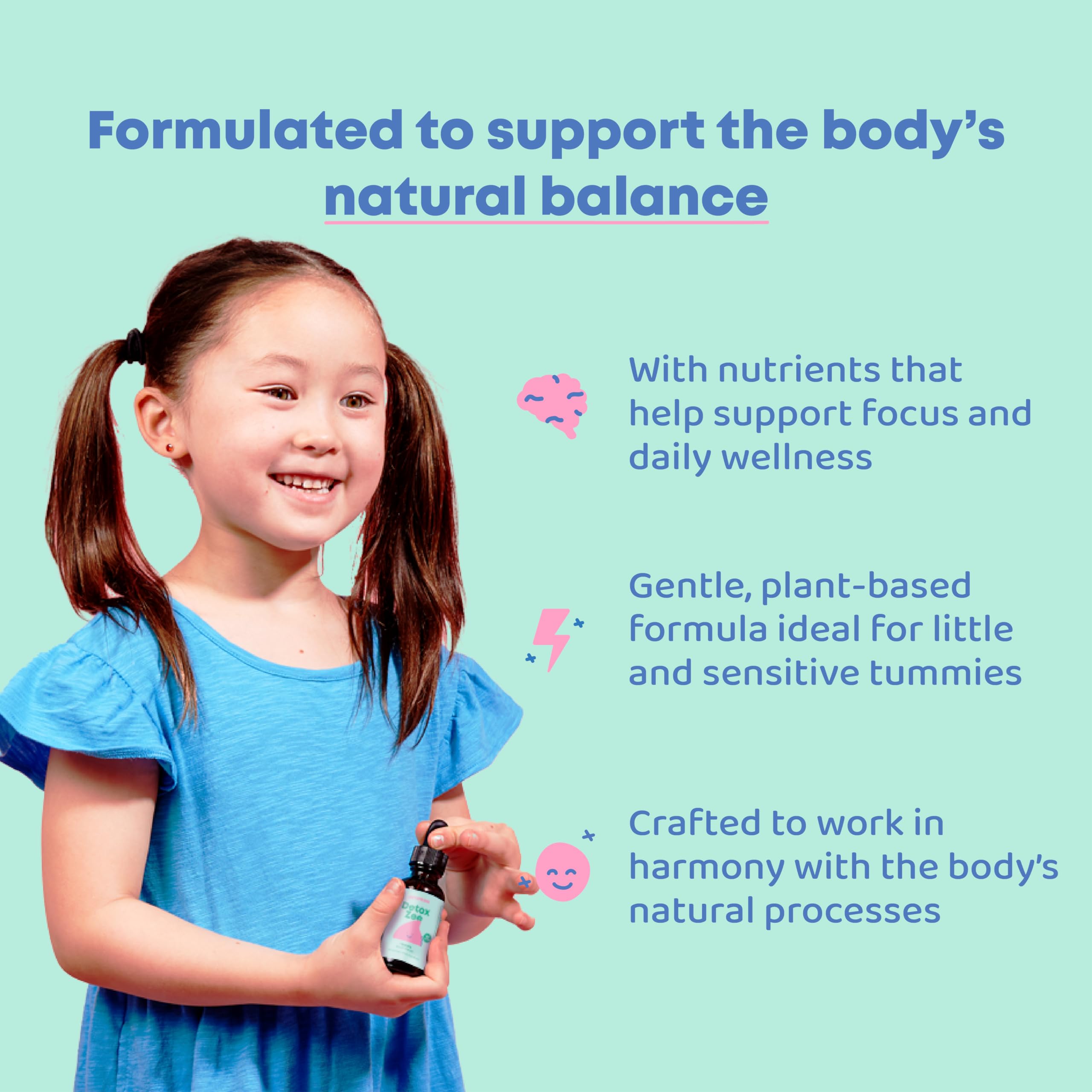 JoySpring DetoxZee dropper-dispense close-up illustrating easy dosing for children.