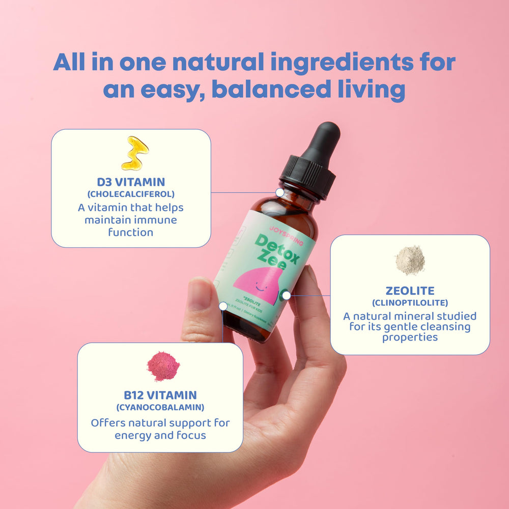 JoySpring DetoxZee vitamin-d3 label close-up showing nutrients for bones and immunity.
