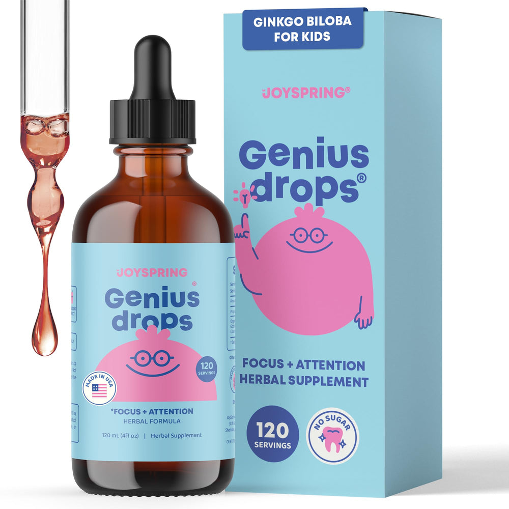 JoySpring Genius Drops bottle with dropper for daily focus support in kids.