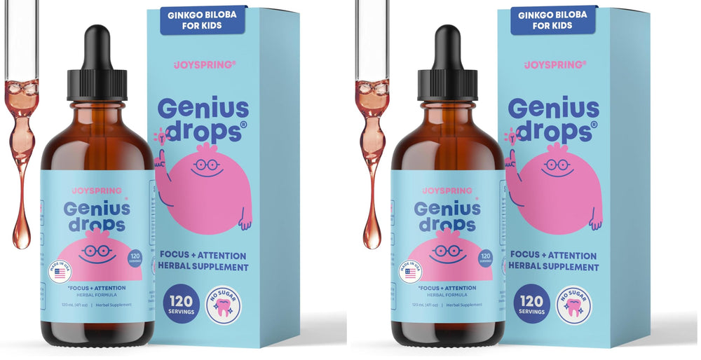 JoySpring Genius Drops bottle shows organic focus support for kids during study