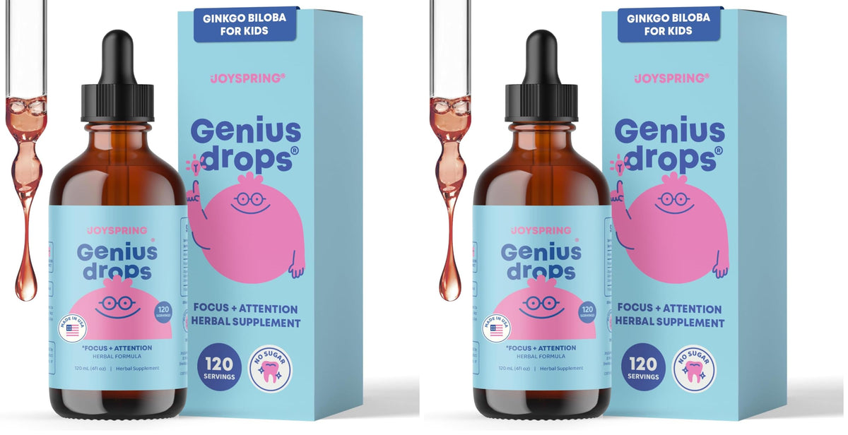 JoySpring Genius Drops bottle shows organic focus support for kids during study