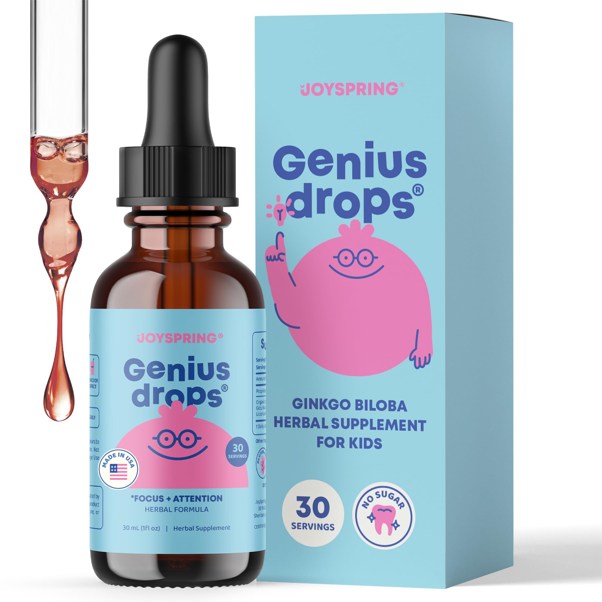 JoySpring Genius Drops bottle label shown, supports natural focus for kids during homework.