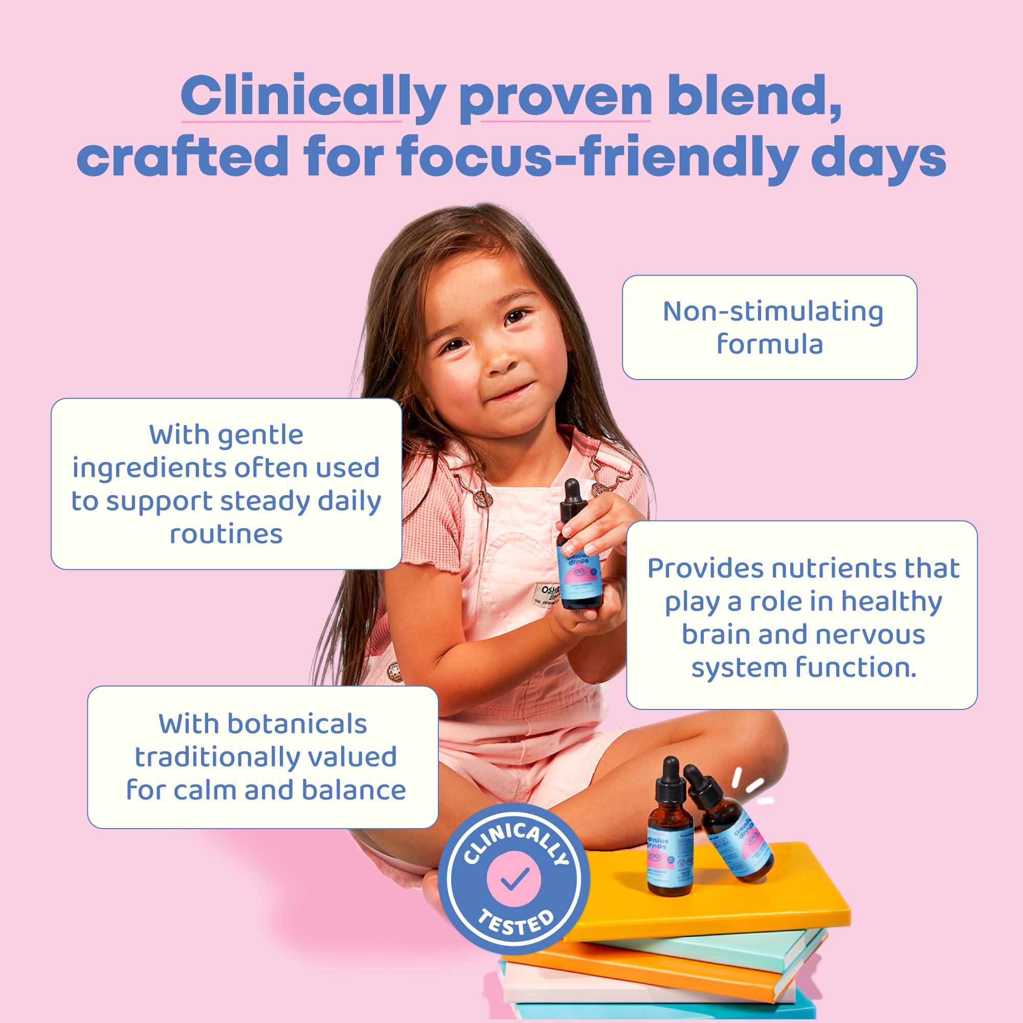 JoySpring Genius Drops kids study-time scene highlights concentration and routine