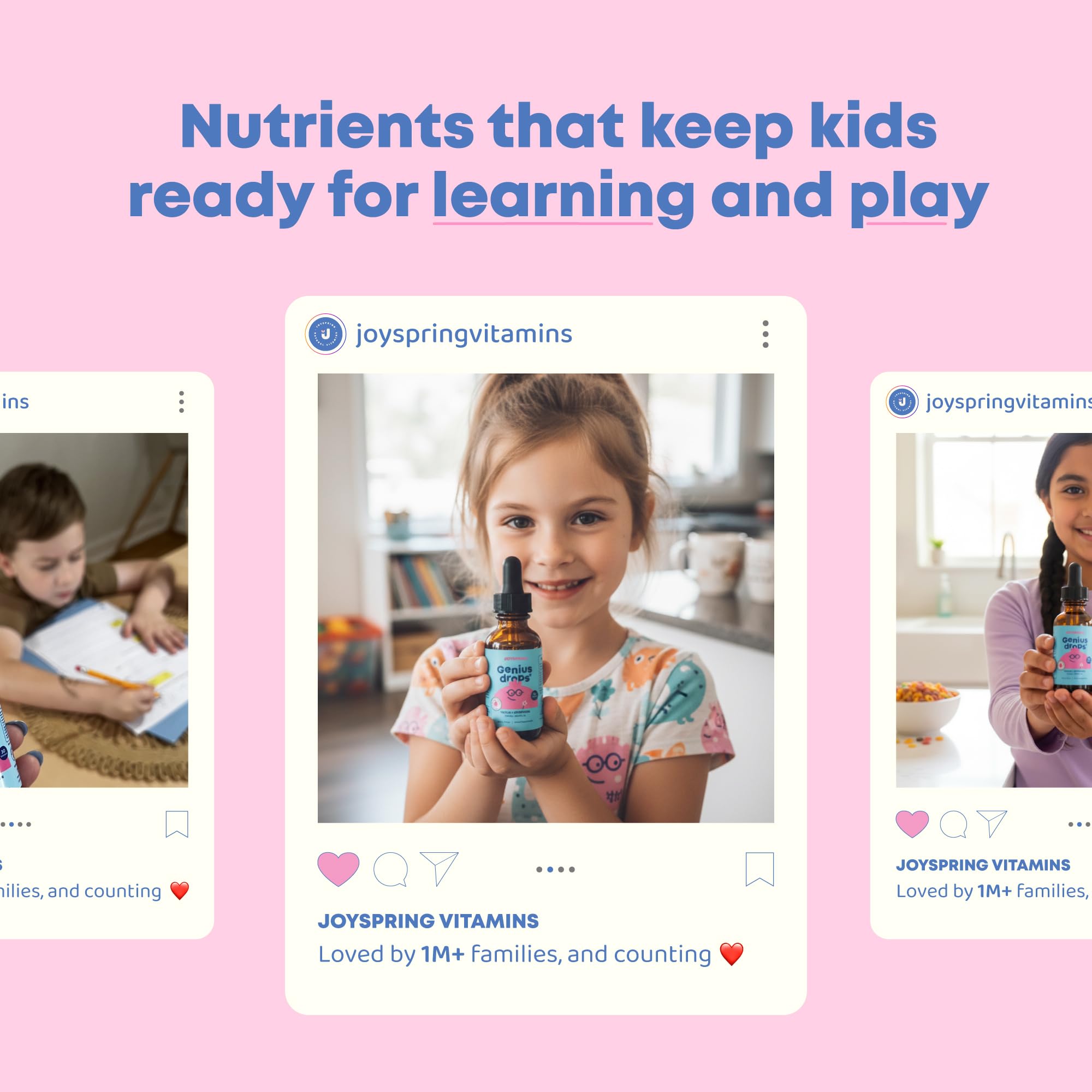 JoySpring Genius Drops Organic ingredients label highlighting quality.