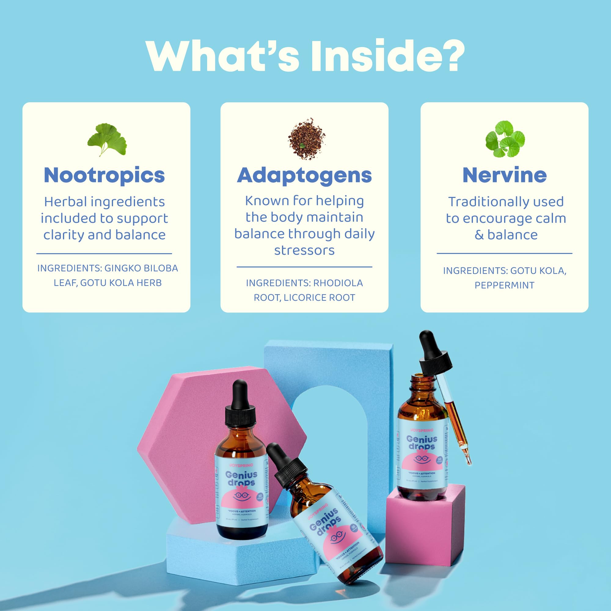 JoySpring Genius Drops organic ingredients label emphasizes natural focus support