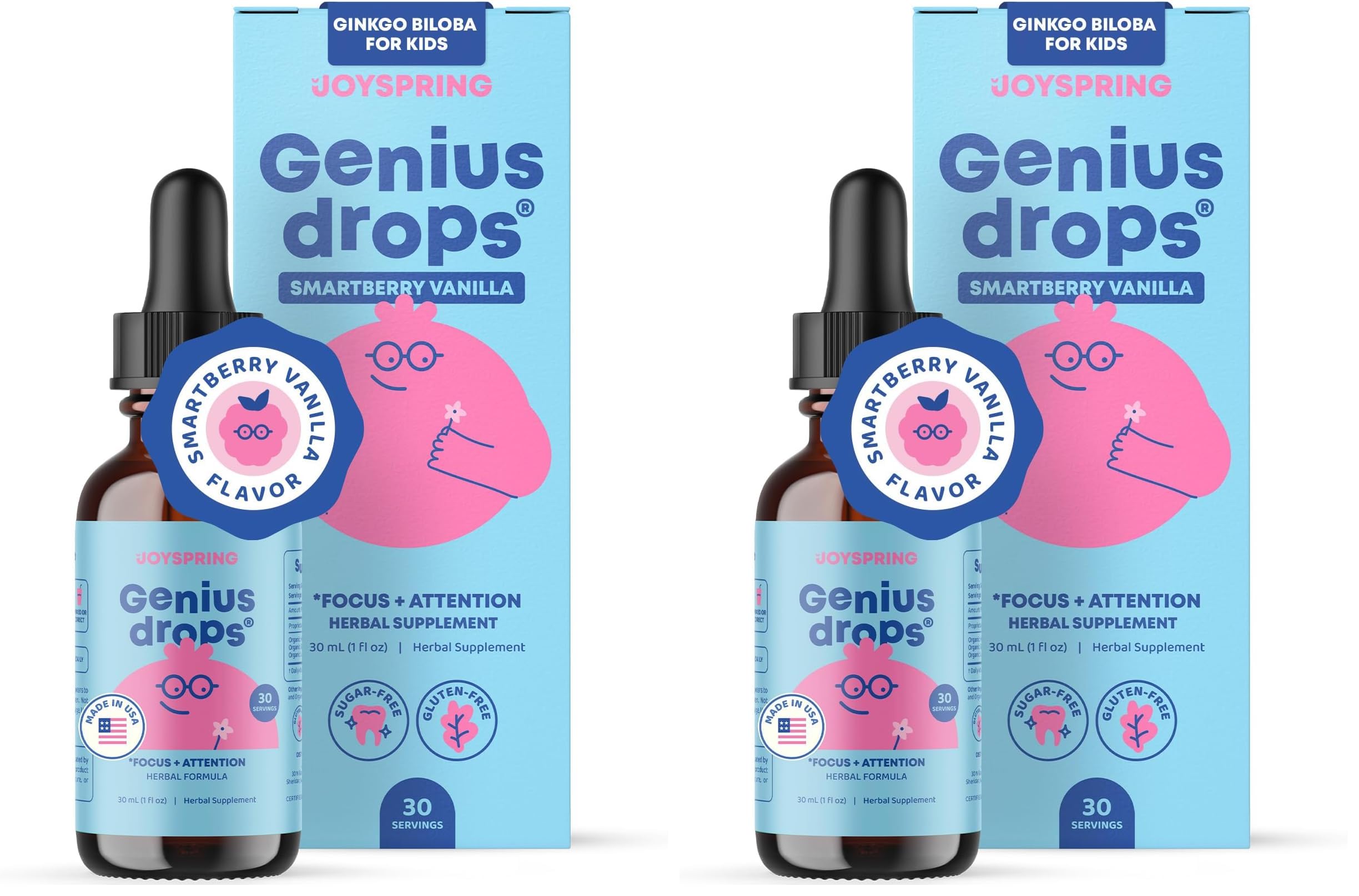 JoySpring Genius Drops Smartberry Vanilla bottle with dropper for easy daily dosage.