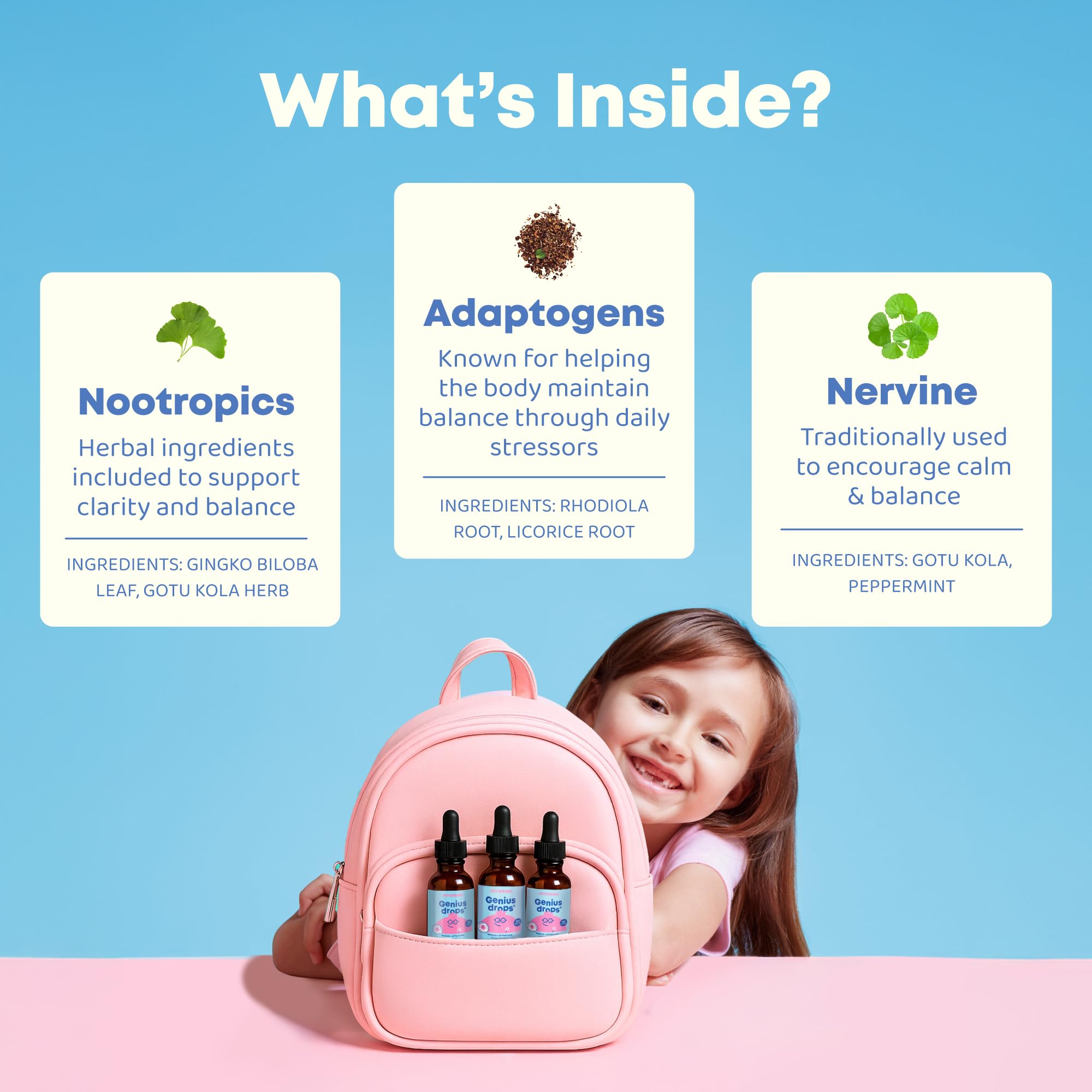 JoySpring Genius Drops Smartberry Vanilla label highlighting natural herbal ingredients.