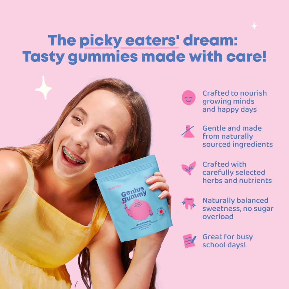 JoySpring Genius Kids Focus Gummies packaging label highlights standardized extracts for consistent dosing