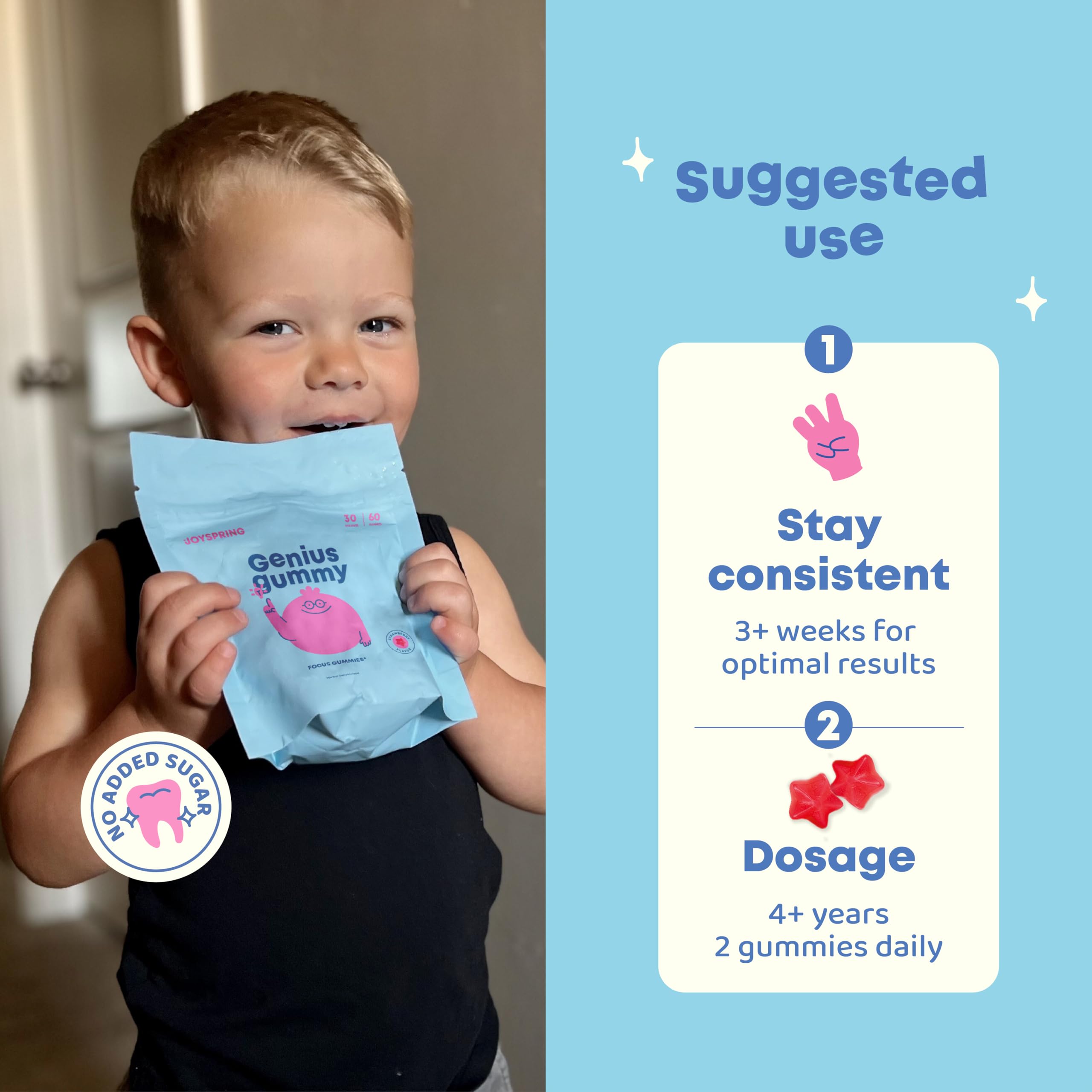 JoySpring Genius Kids Focus Gummies serving idea with daily snack highlights routine