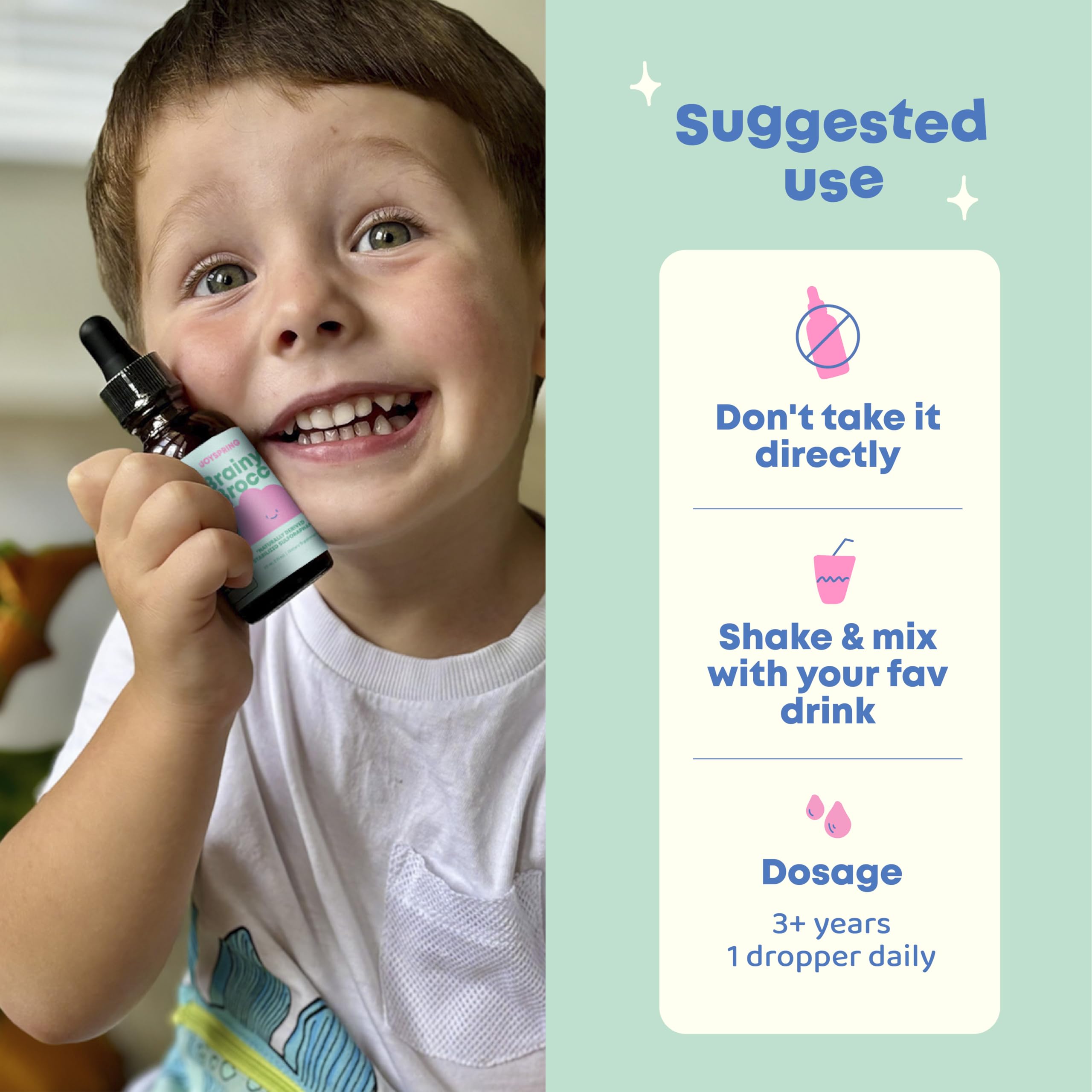 JoySpring kid-friendly drops usage showing 1 dropper daily for ages 3+.