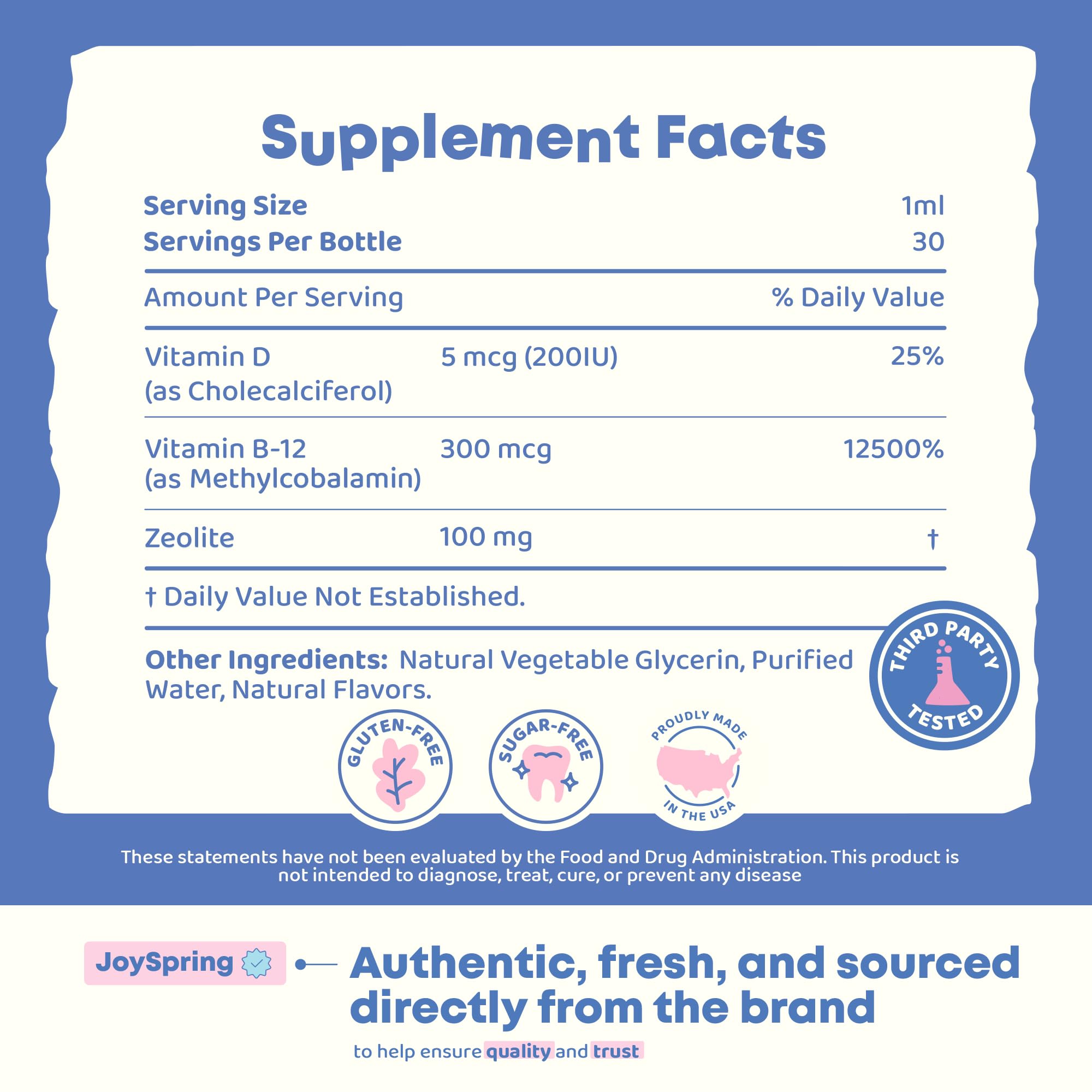 JoySpring LingoLeap vitamin D3 and B12 ingredients shown on the label.