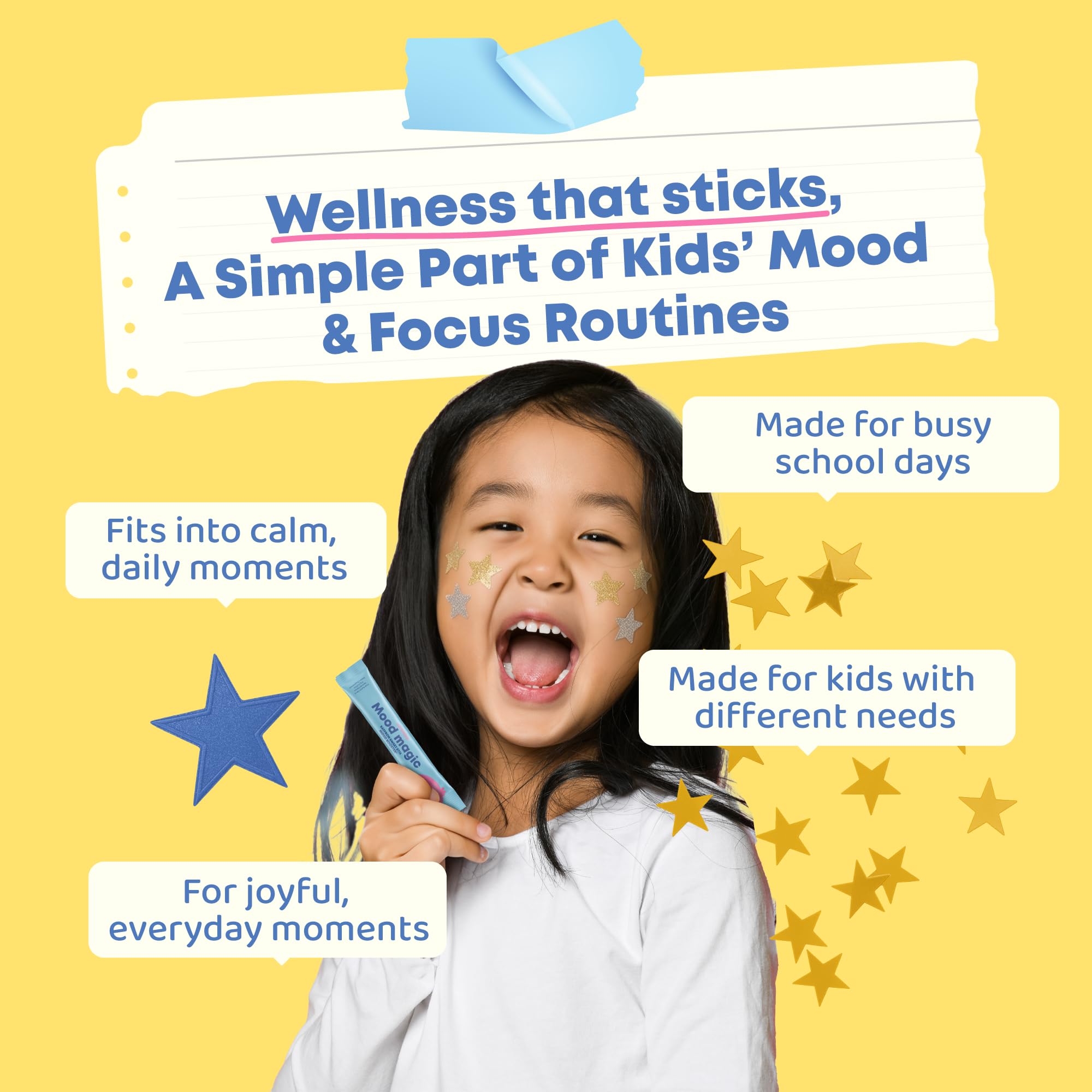 JoySpring Mood Magic pixie-stick dispensing scene highlighting convenient on the go calming support