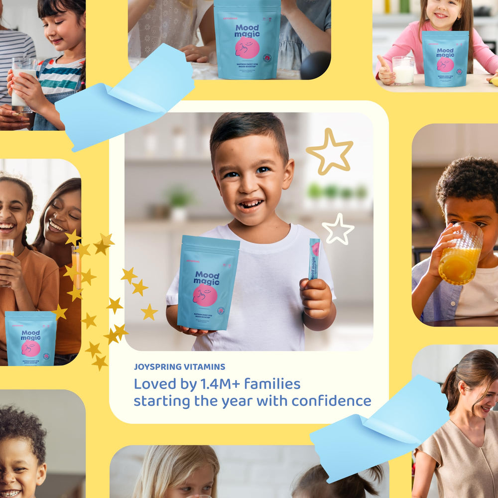 JoySpring saffron extract kids label highlighting natural calm without artificial ingredients