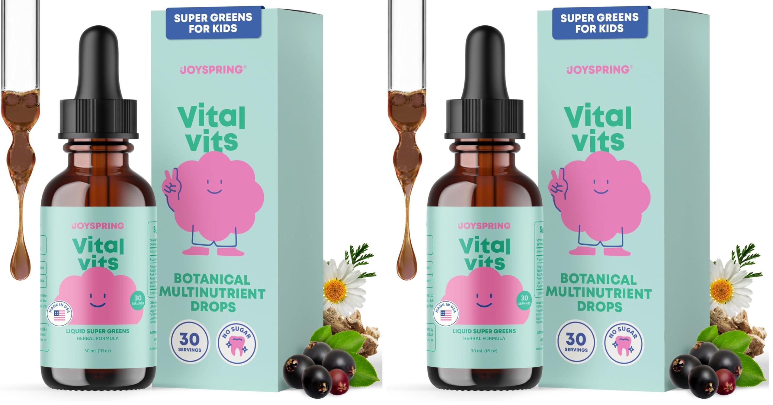 JoySpring Vital Vits bottle pour demonstrates easy dosing for kids