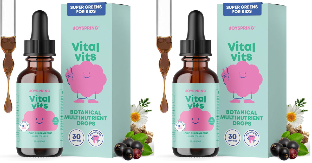 JoySpring Vital Vits bottle pour demonstrates easy dosing for kids