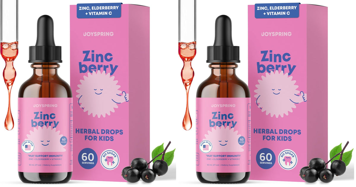 JoySpring ZincBerry bottle pours drops for kids' immune support.