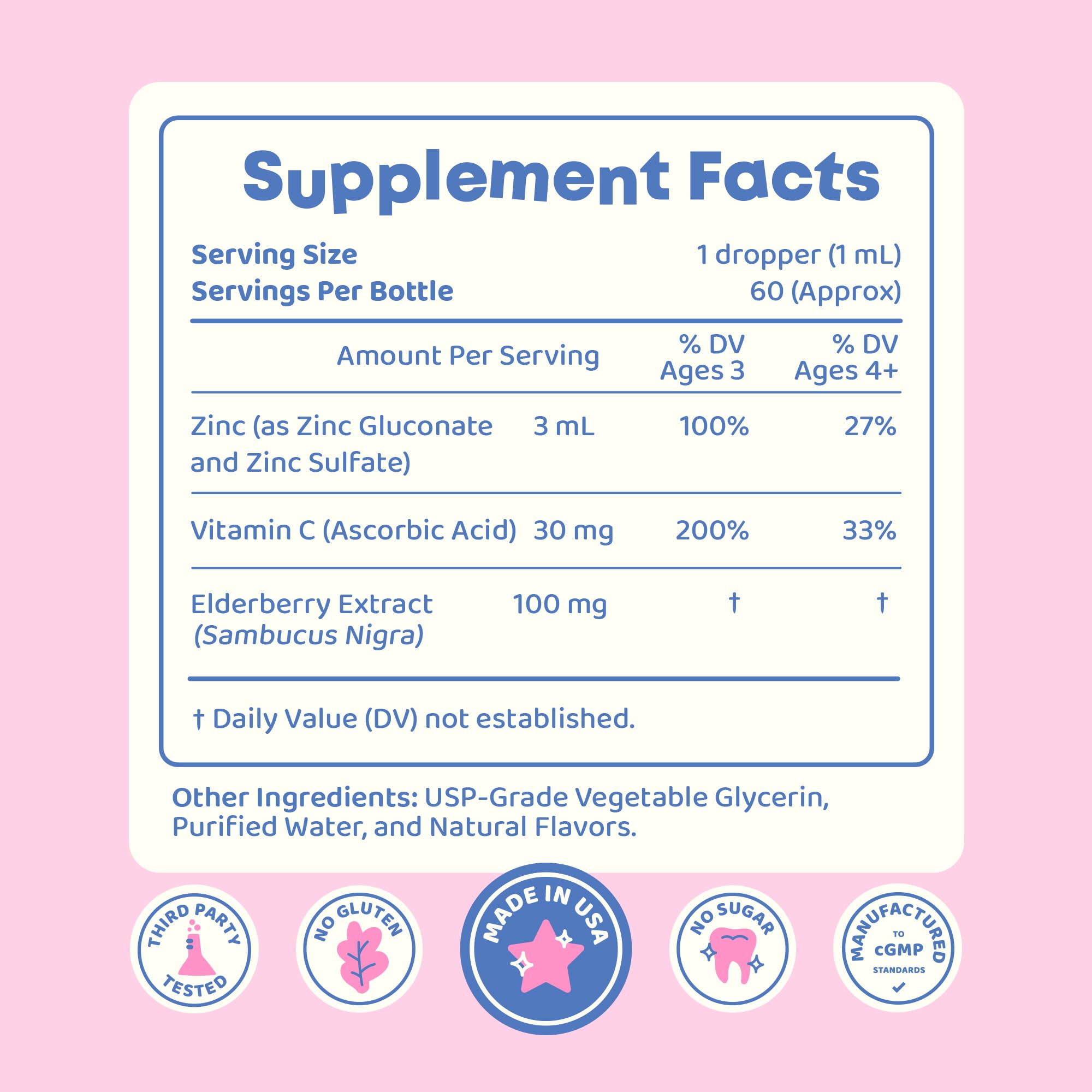 JoySpring ZincBerry ingredient label Vitamin C for daily immune support.