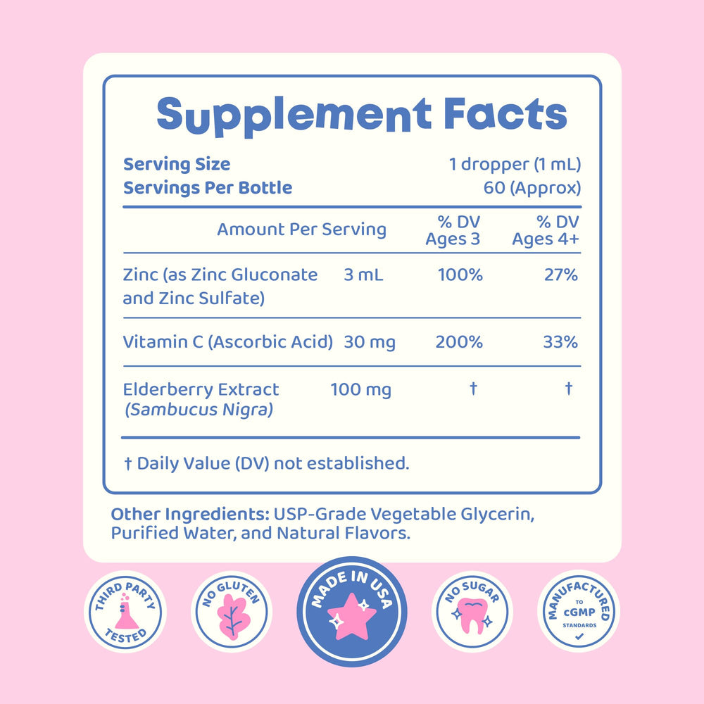 JoySpring ZincBerry ingredient label Vitamin C for daily immune support.