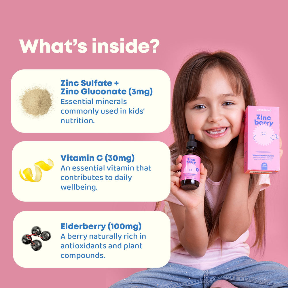 JoySpring ZincBerry kids daily-dose bottle ready for routine use.