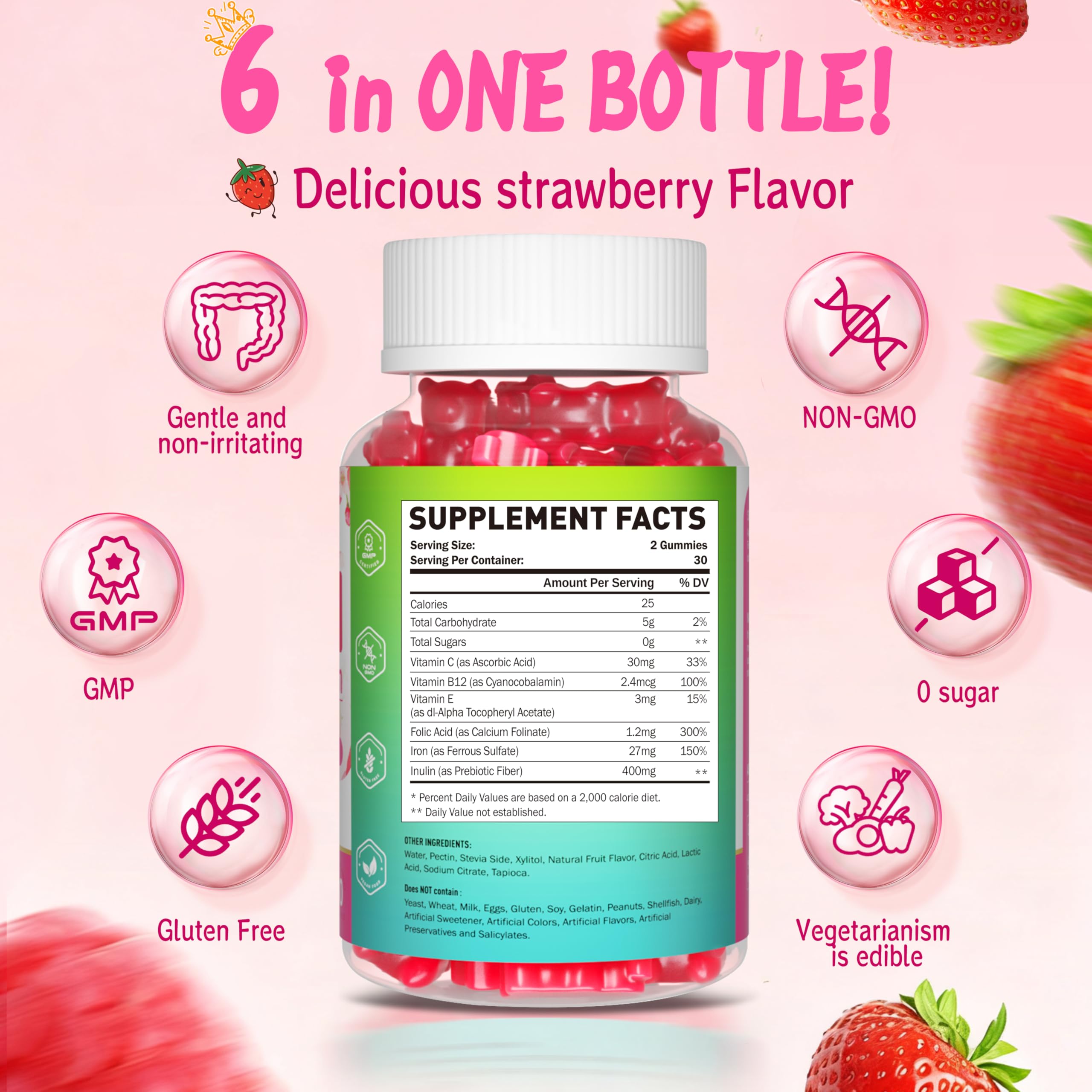 Joywiit Iron Gummies bottle closeup shows high-potency ferrous sulfate and vitamin blend.